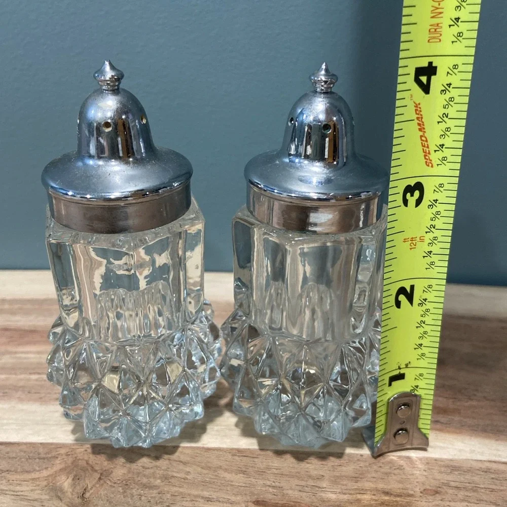 Indiana Glass Diamond Point Chrome Plated Glass Salt & Pepper Shakers 3.75